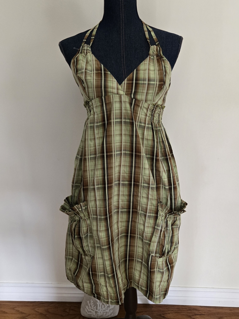 Backless Plaid Halter Mini Dress in Olive Green